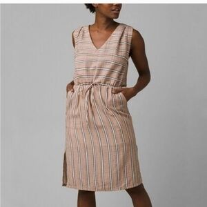 Prana Ecotropics Organic Cotton Copper Striped Dress Back Cut-Out Pockets Size S